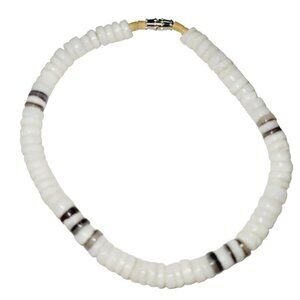Vintage White Puka Shell Bracelet Mixed Glass Beads Hawaiian Surfer Style 9"
